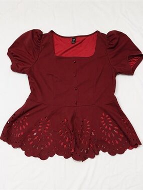 SHEIN Curve Burgundy Puff Sleeve Peplum Blouse Laser Cut Hem Women’s 0XL